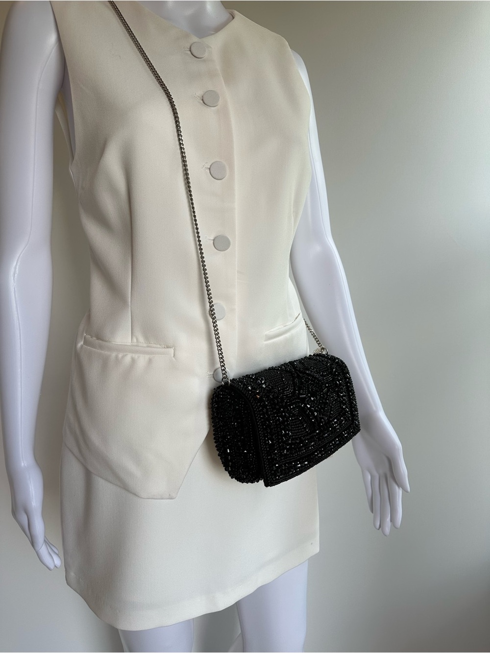 Black Beaded Crossbody Bag - Elegant Evening Clutch